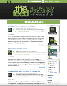 Screen shot of The Feed webpage with the green Feed logo in the upper left and episodes and show notes which one can scroll down through to play.