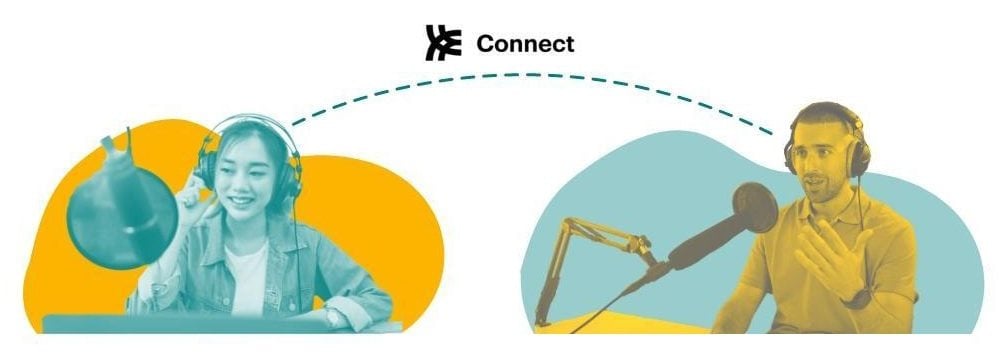 Blog Post Visuals - Blog Visual 4 - Official Libsyn Blog - Official Libsyn Blog - Official Libsyn Blog Two people wearing headphones and speaking into microphones, connected by a curved dotted line labeled Connect, suggesting a podcast connection.
