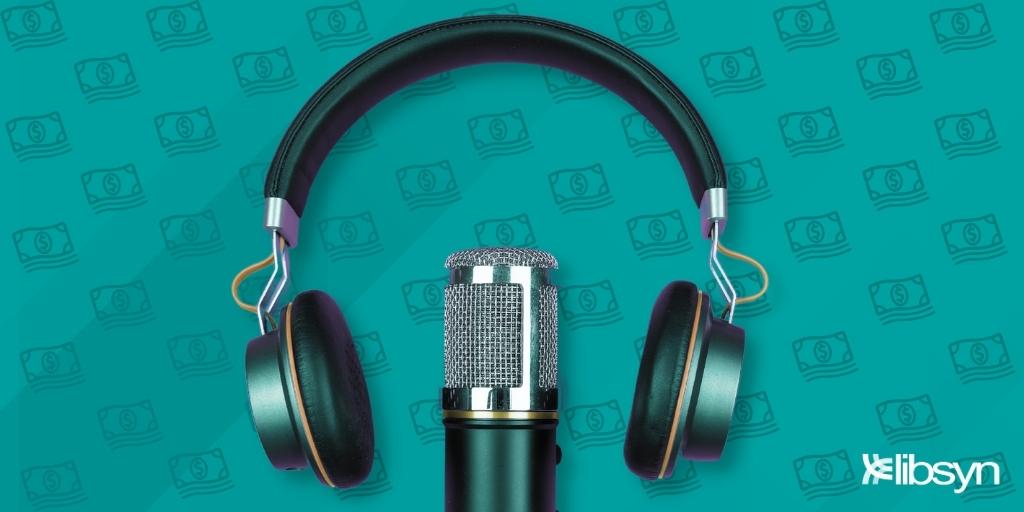 Microphone with headphones around it on a teal background imprinted with $5 bills
