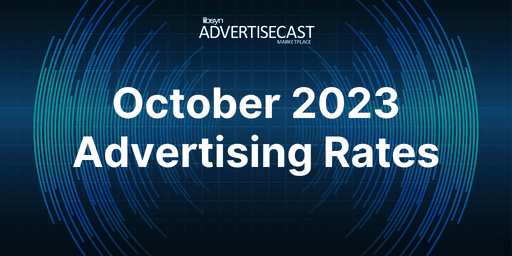 Teal spiral sound wavers on dark background reading "October Podcast Advertising Rates"