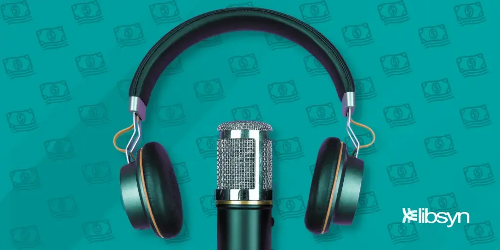 Microphone "wearing" headphones on the Libsyn teal background imprinted with a money pattern