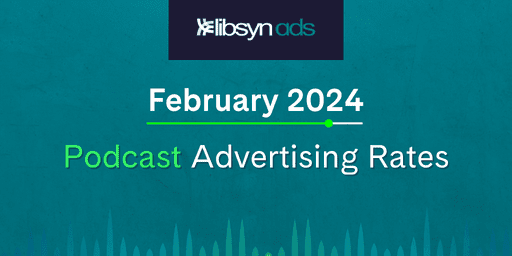 Libsyn ads logo on teal background with teal sound waves. Reads: February 2024 Podcast Advertising Rates