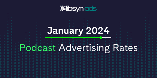 Libsyn ads logo on black background with teal sound bite dot patterns. Reads: January 2024 Podcast Advertising Rates