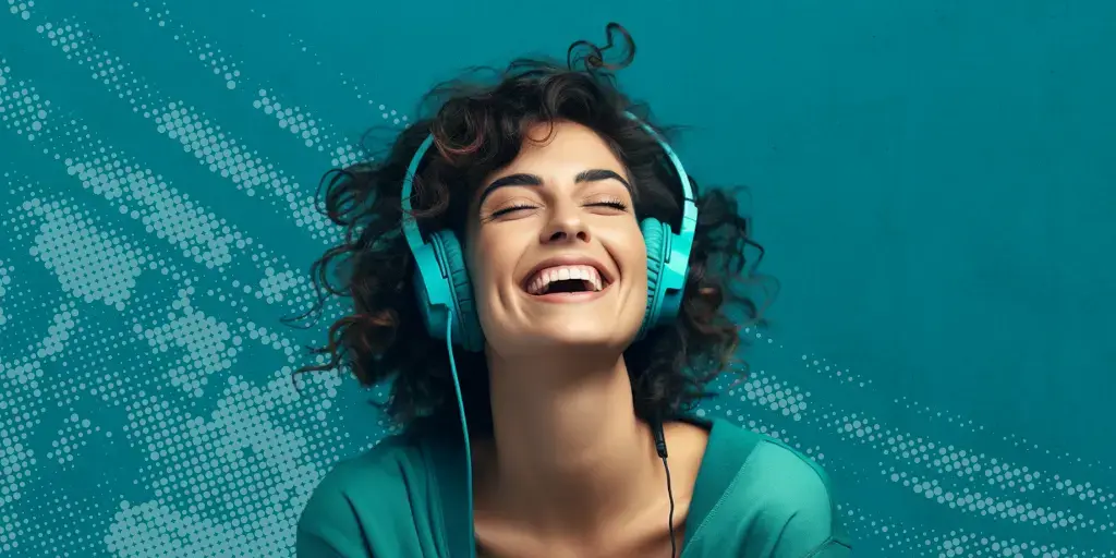 Woman with headphones on clearly enjoying what she is hearing