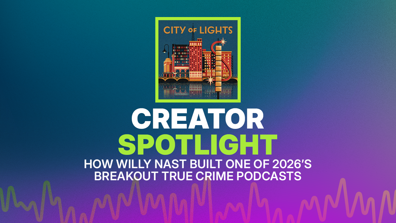Hero graphic announcing 'Creator Spotlight' featuring Willy Nast's breakout true crime podcast; includes city illustration badge and bold title on a gradient backdrop with soundwave accents.
