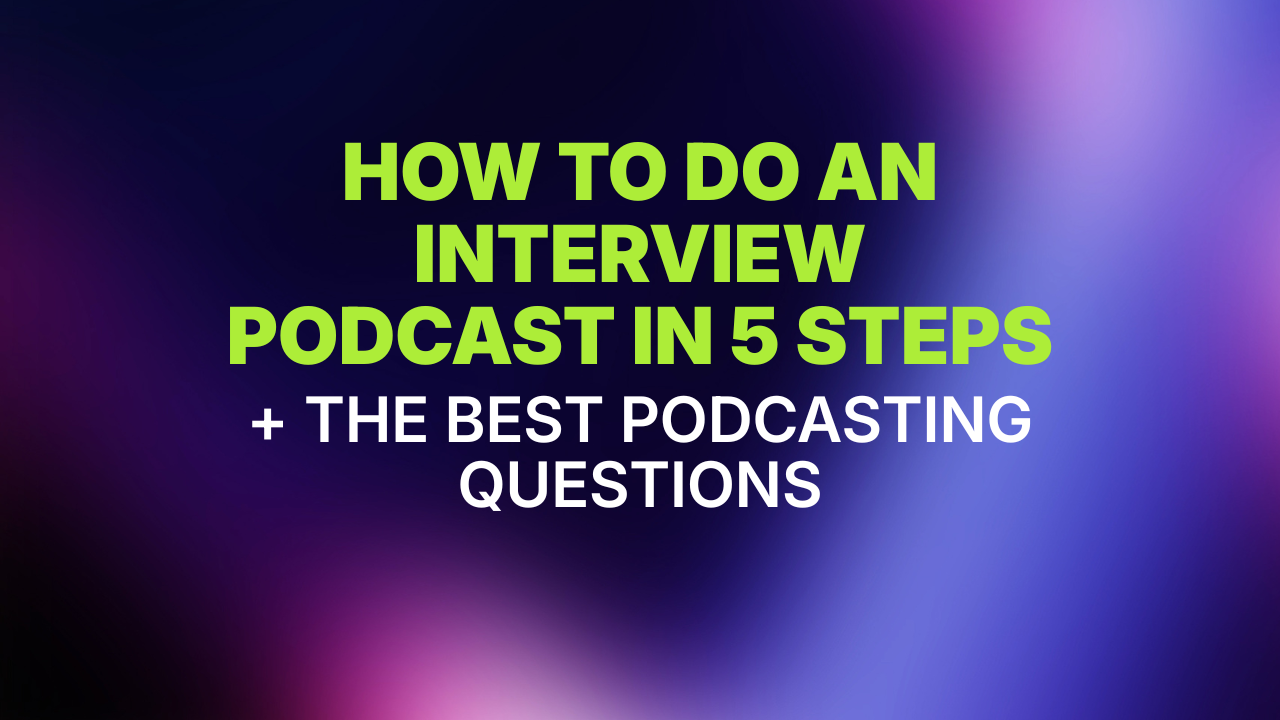 the Best Podcasting Questions_Featured Image - Official Libsyn Blog - Official Libsyn Blog Bright gradient background with bold lime-green title: 'How to do an interview podcast in 5 steps + the best podcasting questions'