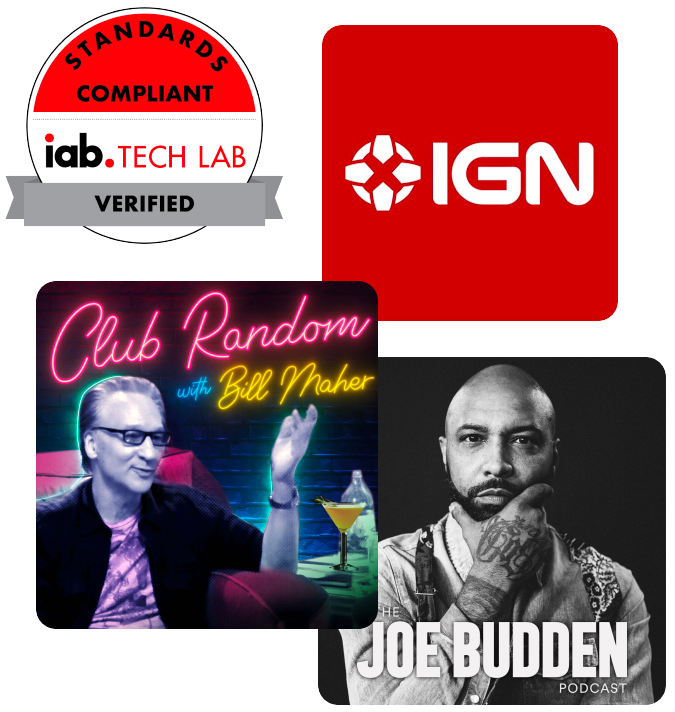 Collection of pictures including cover art for the Joe Budden and Bill Maher podcasts along with the logo s for IAB Lab Tech and IGN.