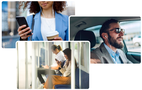 Collection of pictures showing diverse in diverse situations people using their phones and headphones to get information and communicate