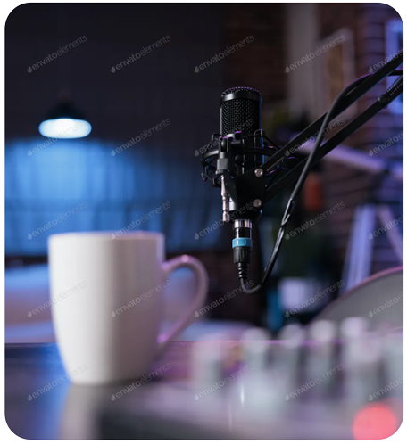 Podcast microphone with coffee cup in the background