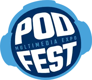Logo for Podfest featuring headphones around the title and celebratory script reading "10 years!"
