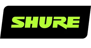The Shure microphones logo; bright green text against a black rectangle.