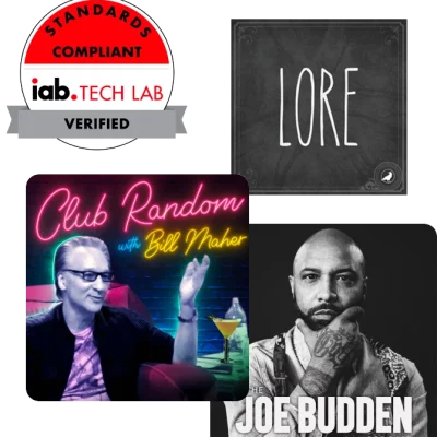 Collection of pictures including cover art for the Joe Budden and Bill Maher podcasts along with the logo s for IAB Lab Tech and IGN.