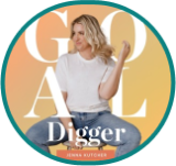 Circle with Goal Digger Podcast Art featuring blond woman dressed in jeans with the word “Goal”.
